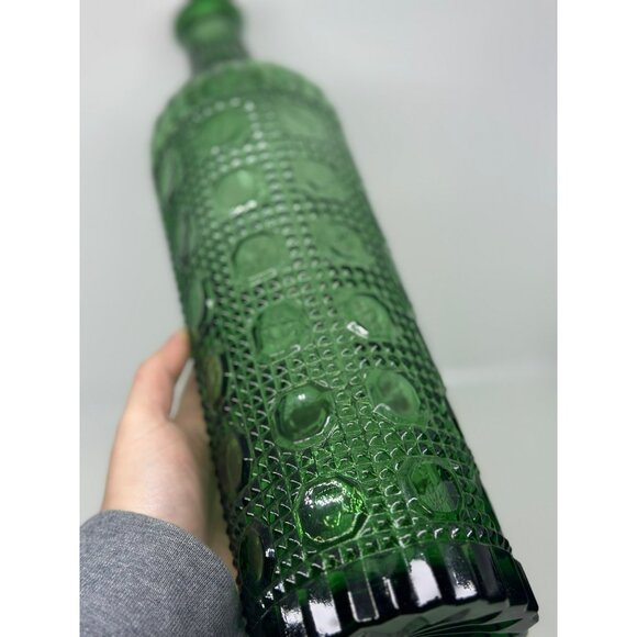 Rare VTG 60s Empoli Emerald Green Genie Bottle Ravioli Pattern Decanter Vase 12" - Picture 6 of 7